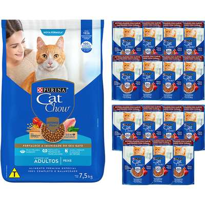 Kit Cat Chow Ração Seca Defense Plus Carne e Rações Úmidas coms 8 Carne 8 Frango Gatos Adultos - 16 Saches + 7,5 Kg