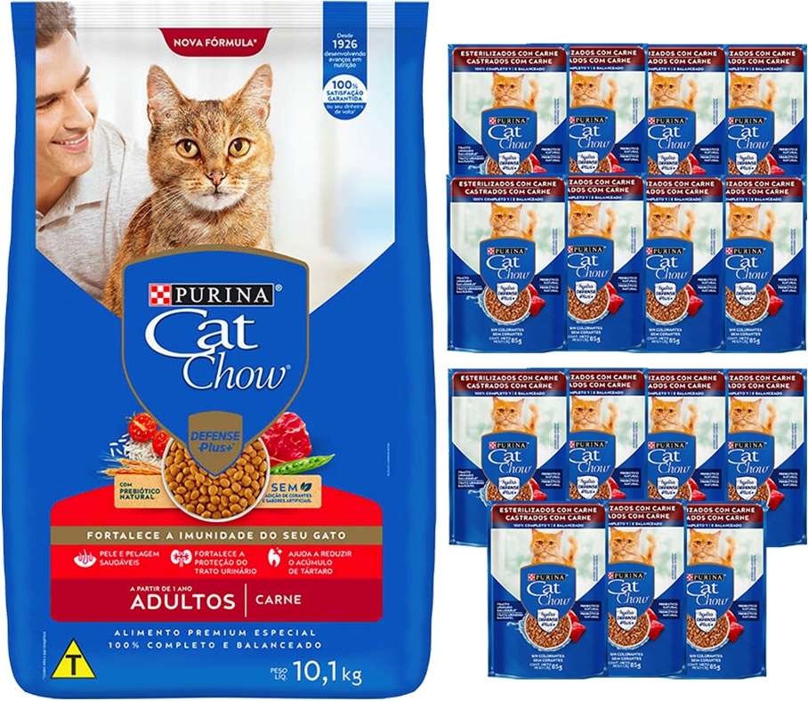 Kit Cat Chow Ração Seca Carne e Rações Úmidas com 15 Carne Gatos Adultos 15 Saches + 7,5Kg - 15 Saches + 7,5Kg