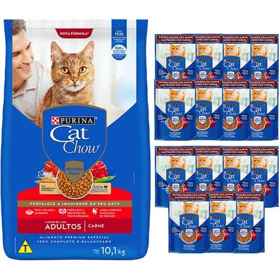 Kit Cat Chow Ração Seca Frango e Rações Úmidas com 8 Carne 8 Peixe Gatos Castrados - 16 Saches + 7,5 Kg