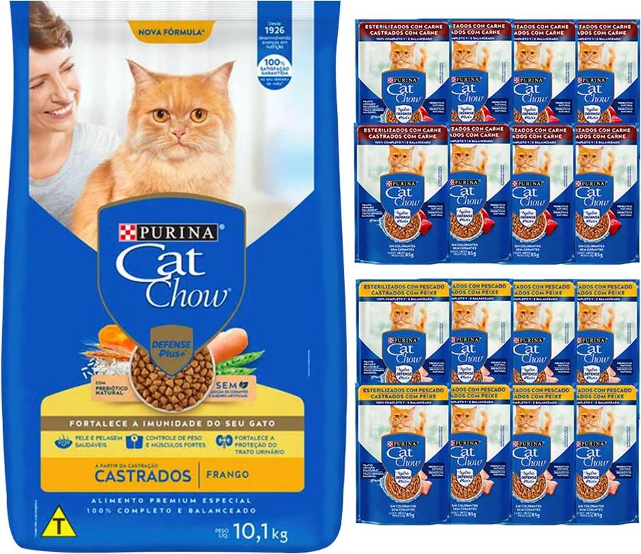Kit Cat Chow Ração Seca Frango e Rações Úmidas com 8 Carne e 8 Peixe Gatos Castrados 16 Saches + 7,5Kg - 16 Saches + 7,5Kg