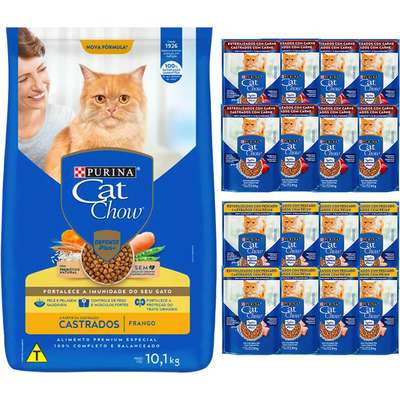 Kit Cat Chow Ração Seca Frango e Rações Úmidas com 15 Peixe Gatos Castrados - 15 Saches + 7,5 Kg
