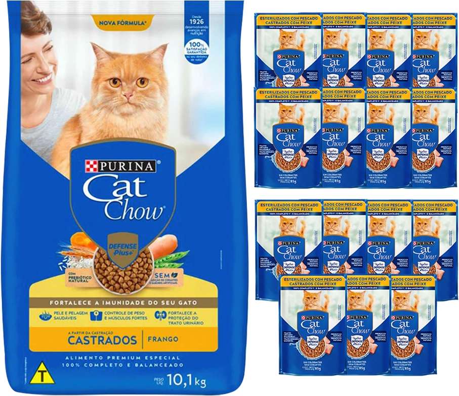Kit Cat Chow Ração Seca Frango e Rações Úmidas com 15 Peixe Gatos Castrados 15 Saches + 7,5Kg - 15 Saches + 7,5Kg
