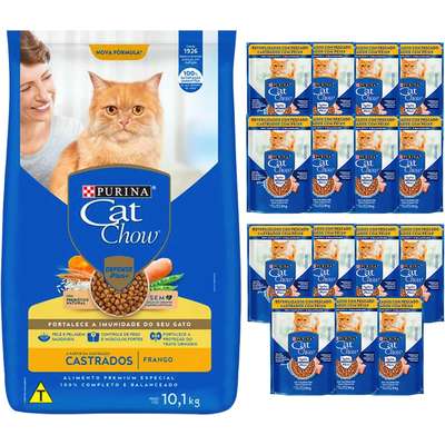 Kit Cat Chow Ração Seca Frango e Rações Úmidas com 15 Carne Gatos Castrados - 15 Saches + 7,5 Kg
