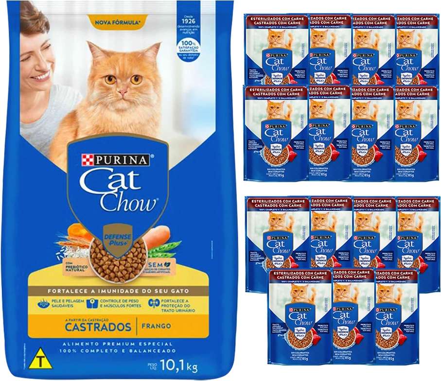 Kit Cat Chow Ração Seca Frango e Rações Úmidas com 15 Carne Gatos Castrados 15 Saches + 7,5Kg - 15 Saches + 7,5Kg