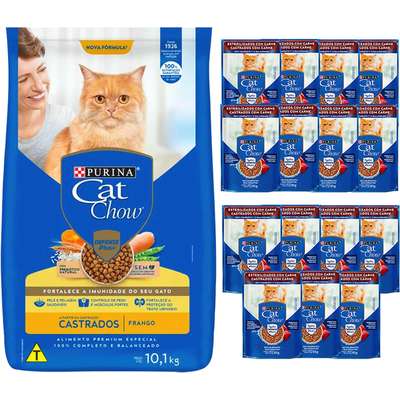 Kit Cat Chow Ração Seca Defense Plus Carne e Rações Úmidas com 3 Carne 3 Frango Gatos Adultos - 3 Saches + 2,7 Kg