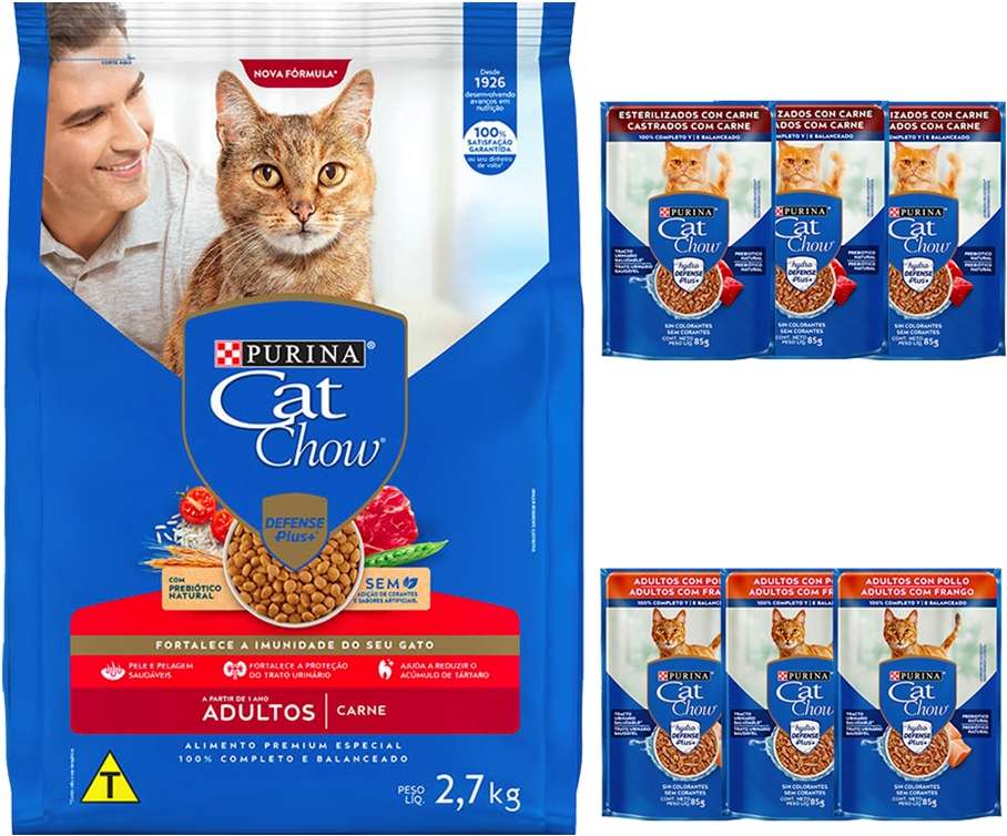 Kit Cat Chow Ração Seca Defense Plus Carne e Rações Úmidas com 3 Carne 3 Frango Gatos Adultos 6 Saches + 2,7Kg - 6 Saches + 2,7Kg