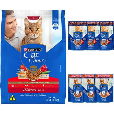 Kit Cat Chow Ração Seca Defense Plus Peixe e Rações Úmidas com 8 Carne 8 Frango Gatos Adultos - 16 Saches + 7,5 Kg