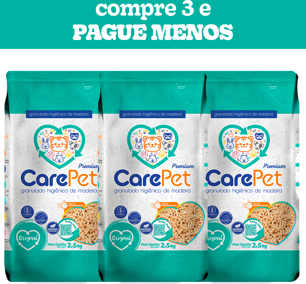 Kit Granulado Higiênico de Madeira CarePet Premium Original - 7,5Kg (3 Pacotes 2,5Kg)