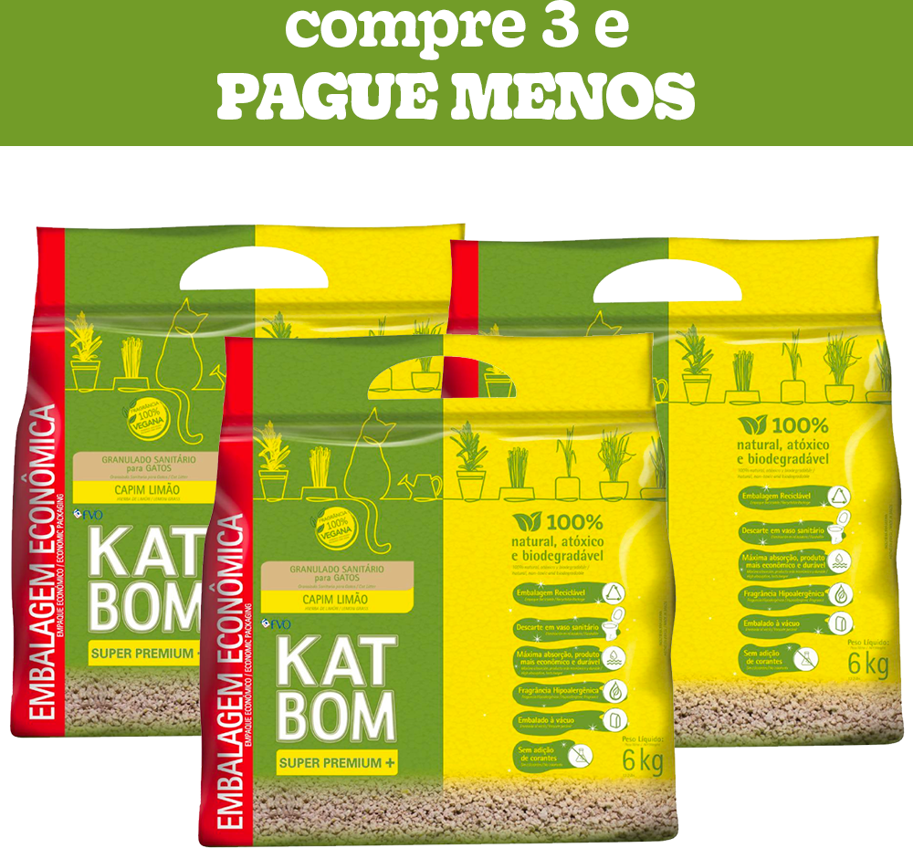 Kit Granulado Sanitário Katbom Capim Limão para Gatos - 18Kg (3 Pacotes 6Kg)