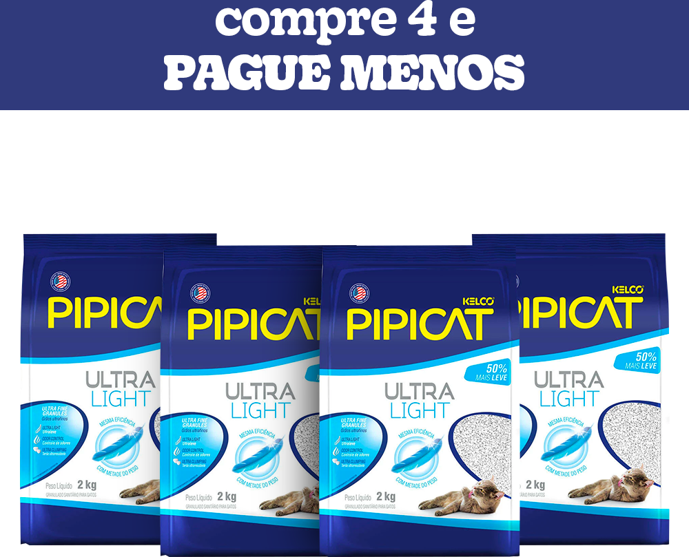 Areia Sanitária Kelco Pipicat Ultra Light - 8kg (4 pacotes 2Kg)