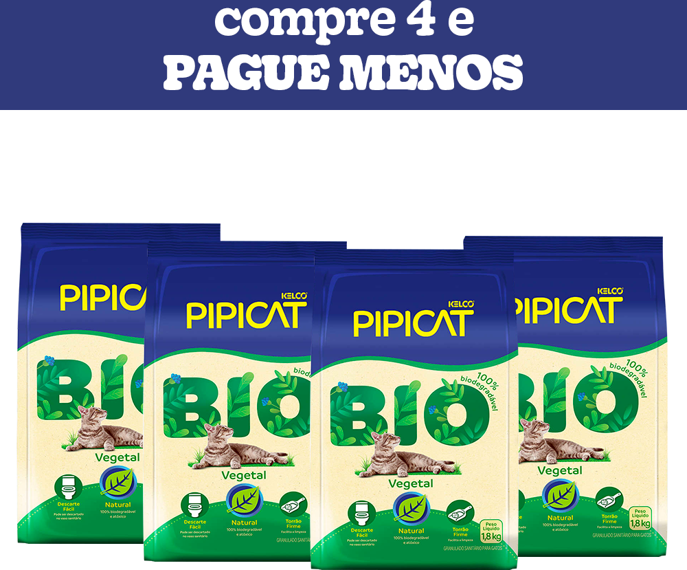 Granulado Sanitário Pipicat Bio Vegetal - 7,2kg (4 pacotes 1,8Kg)