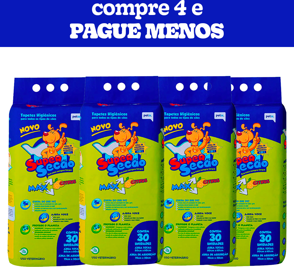 Kit Tapete Higiênico Petix Supersecão Max Citrus - 120 Unidades (4 Pacotes)