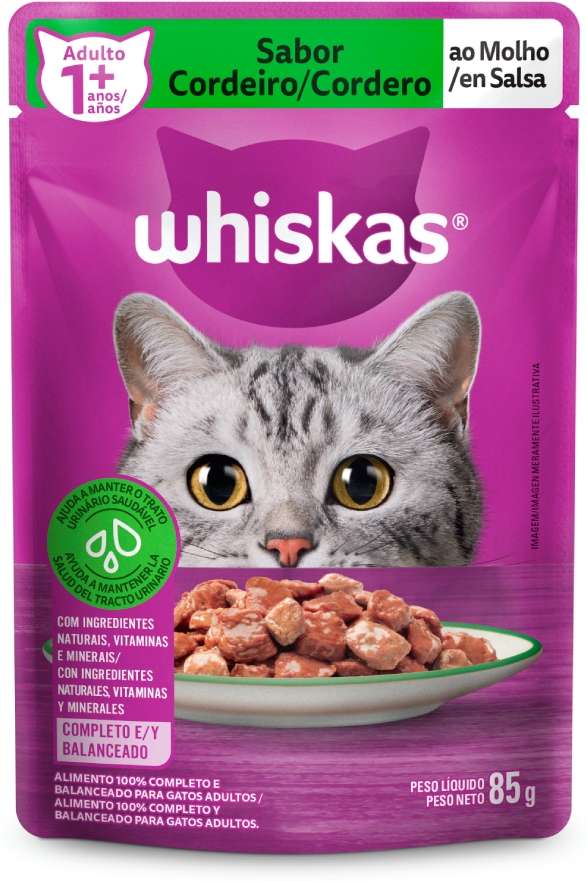 Ração Úmida Whiskas Sachê Cordeiro ao Molho para Gatos Adultos - 85 g