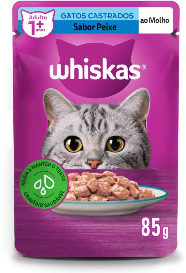 Ração Úmida Whiskas Sachê Peixe ao Molho para Gatos Adultos Castrados - 85 g