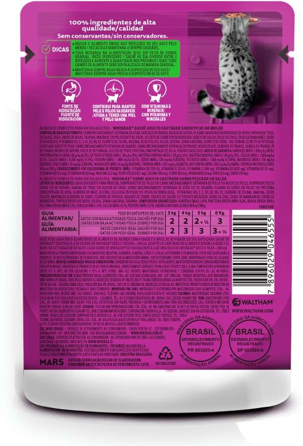 Ração Úmida Whiskas Sachê Peixe ao Molho para Gatos Adultos Castrados - 85 g