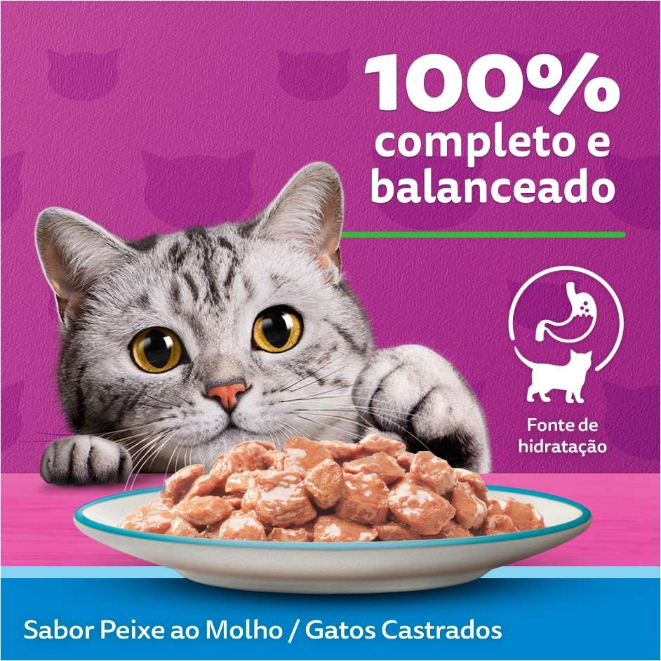 Ração Úmida Whiskas Sachê Peixe ao Molho para Gatos Adultos Castrados - 85 g