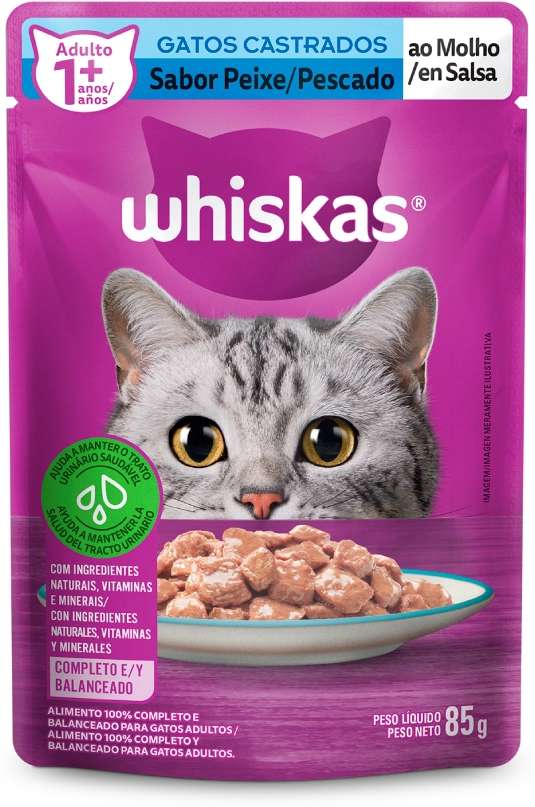 Ração Úmida Whiskas Sachê Peixe ao Molho para Gatos Adultos Castrados - 85 g