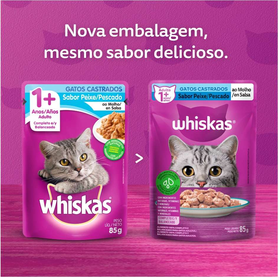Ração Úmida Whiskas Sachê Peixe ao Molho para Gatos Adultos Castrados - 85 g