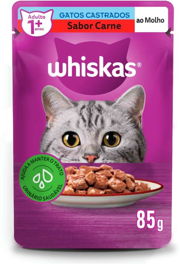Ração Úmida Whiskas Sachê Carne ao Molho para Gatos Adultos Castrados - 85 g