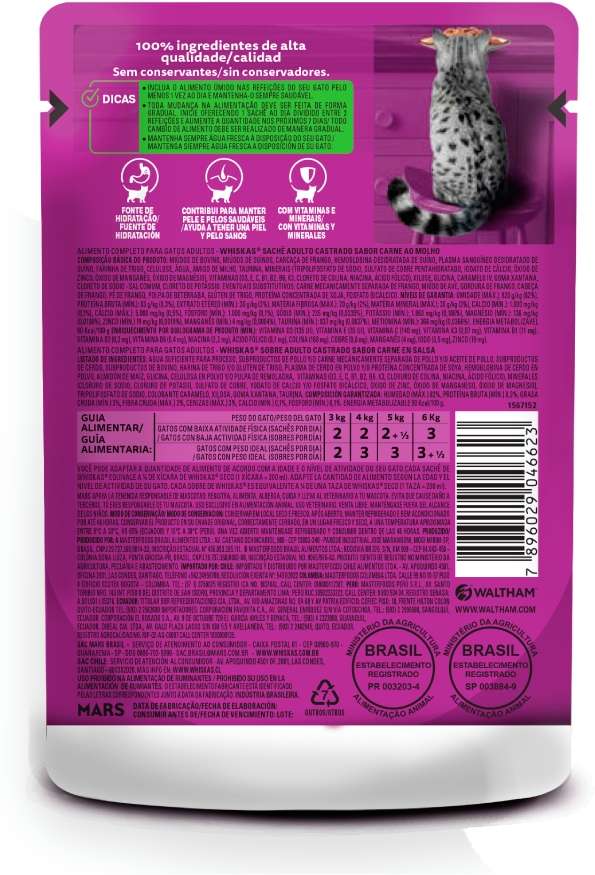 Ração Úmida Whiskas Sachê Carne ao Molho para Gatos Adultos Castrados - 85 g