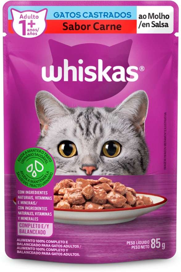 Ração Úmida Whiskas Sachê Carne ao Molho para Gatos Adultos Castrados - 85 g