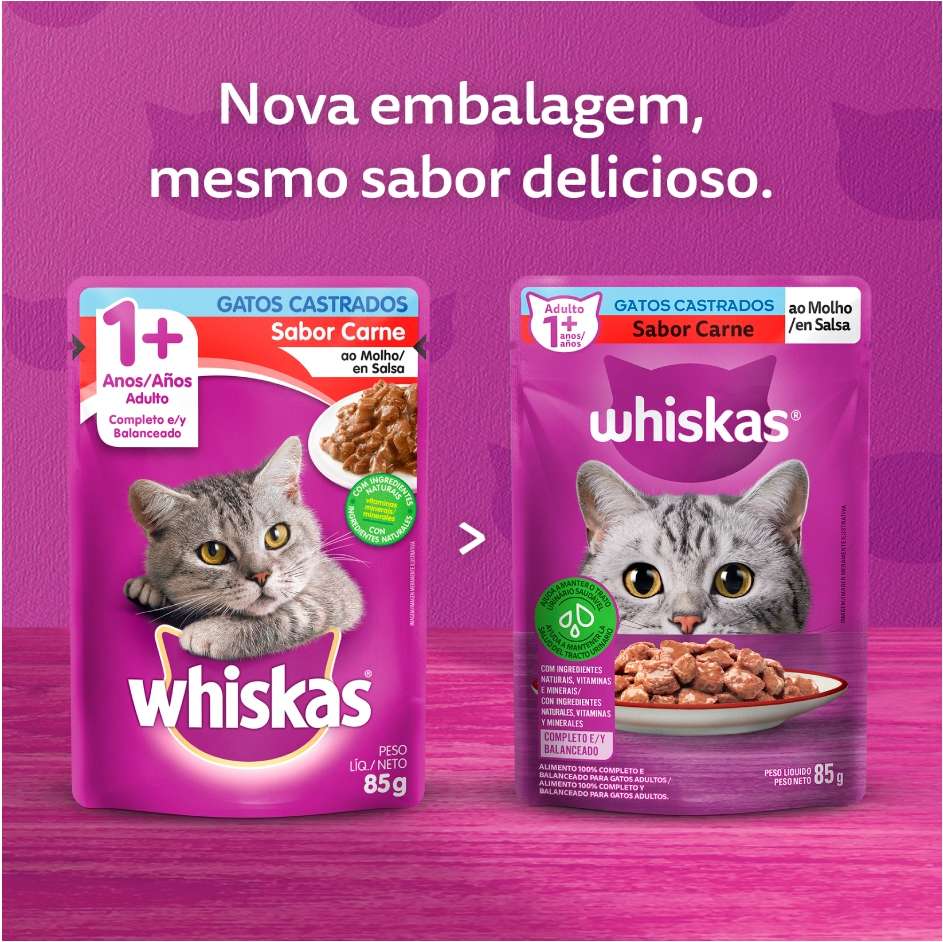 Ração Úmida Whiskas Sachê Carne ao Molho para Gatos Adultos Castrados - 85 g