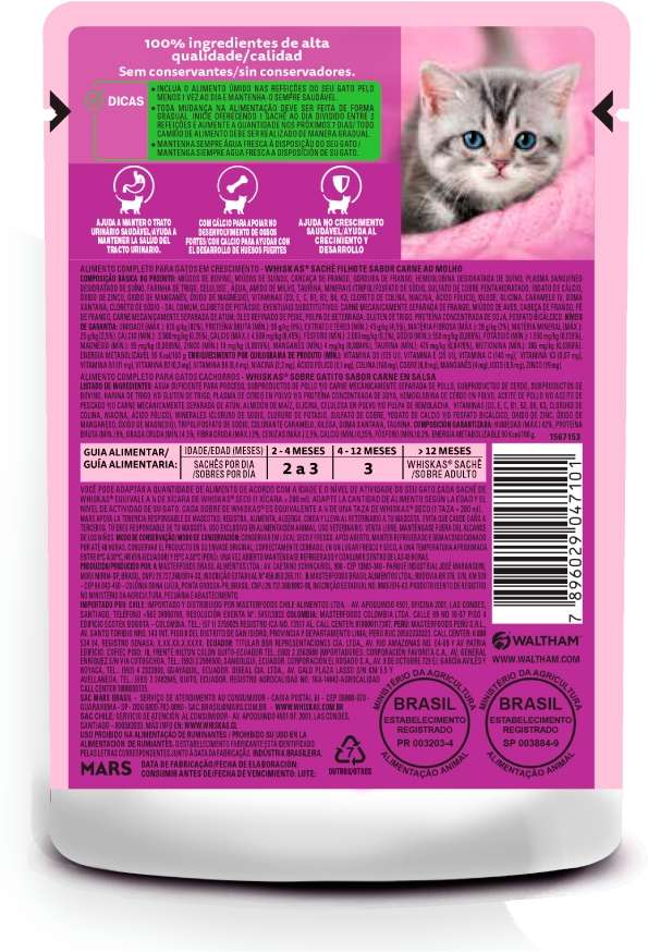 Ração Úmida Whiskas Sachê Carne ao Molho para Gatos Filhotes - 85 g