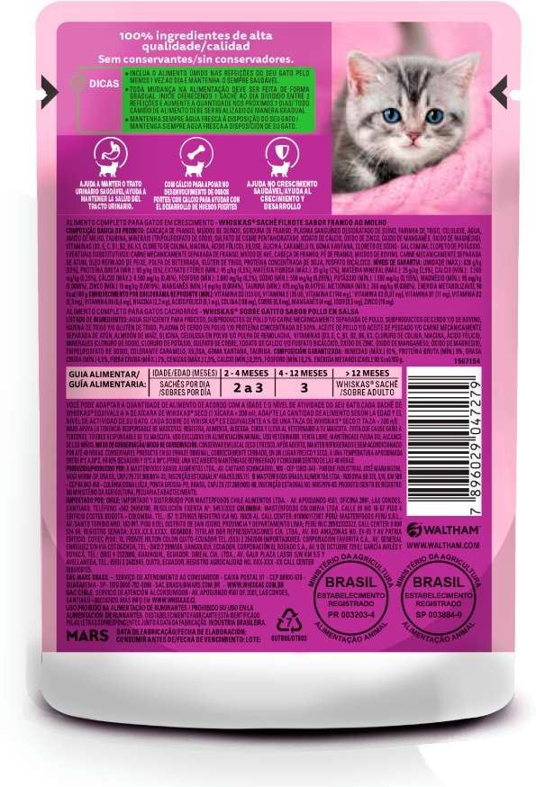 Ração Úmida Whiskas Sachê Frango ao Molho para Gatos Filhotes - 85 g
