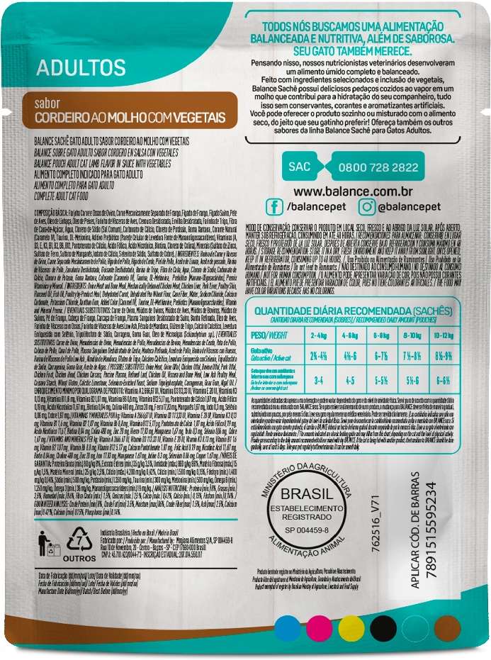 Ração Úmida Balance Cordeiro ao Molho Com Vegetais para Gatos Adultos - 85 g