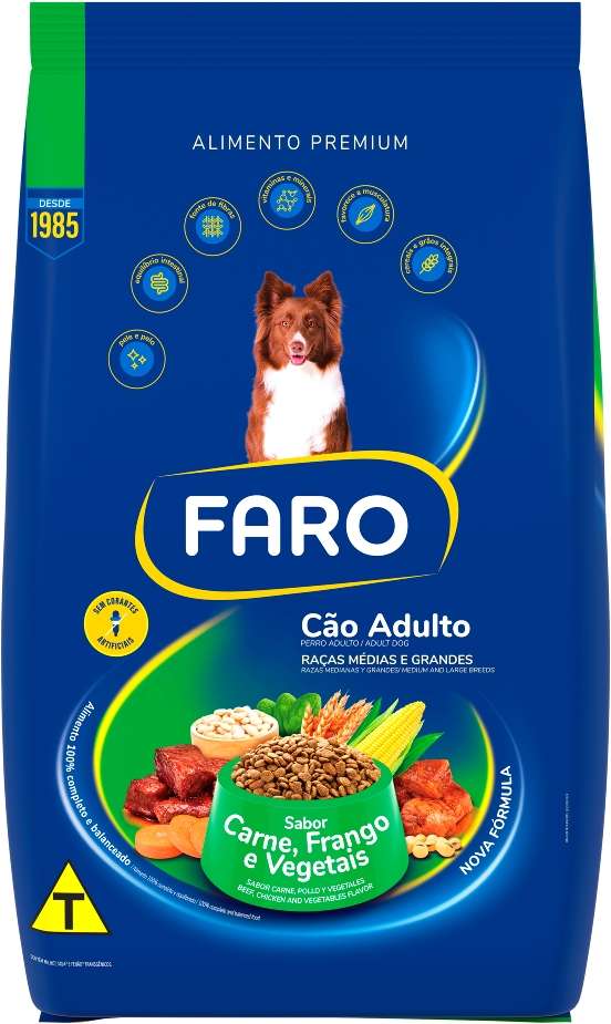 Ração Seca Faro Carne, Frango e Vegetais para Cães Adultos Porte Médio e Grande - 20Kg