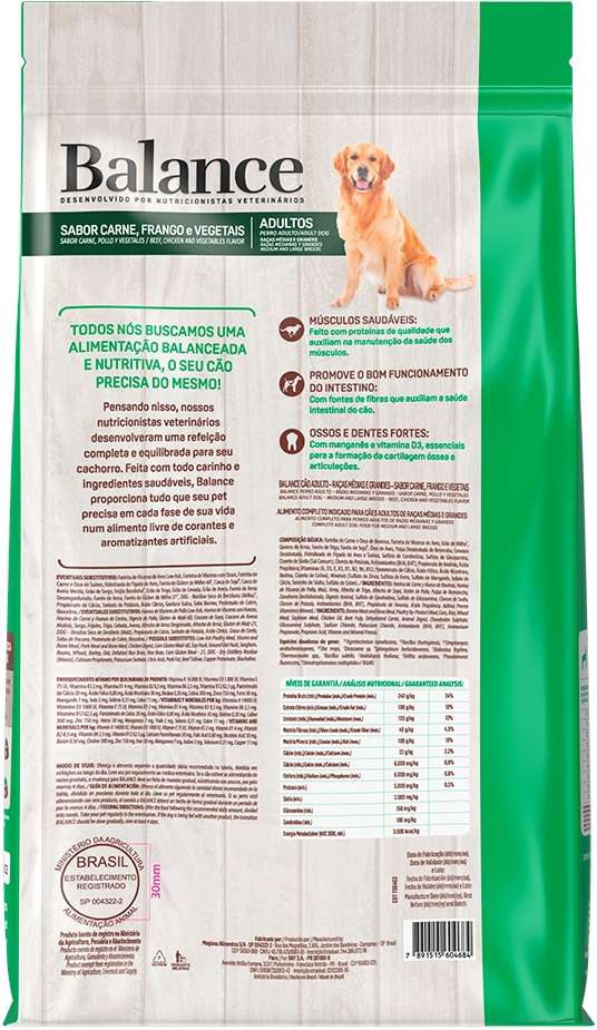 Ração Seca Balance Carne, Frango e Vegetais para Cães Adultos Porte Médio e Grande - 10,1Kg