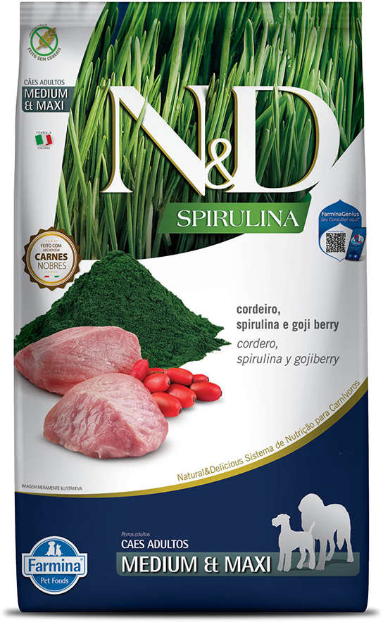 Ração Seca N&D Spirulina Cordeiro e Goji Berry para Cães Adultos de Raças Médias e Grandes - 10,1Kg