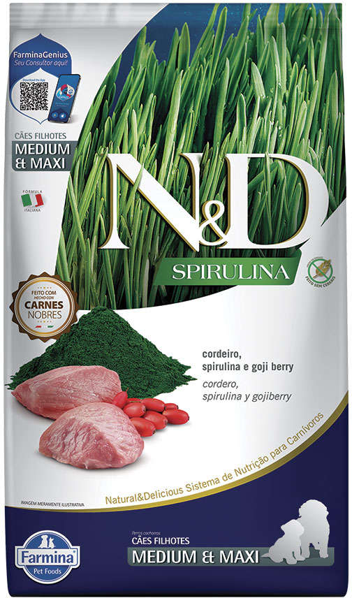 Ração Seca N&D Spirulina Cordeiro e Goji Berry para Cães Filhotes de Raças Médias e Grandes - 10,1Kg