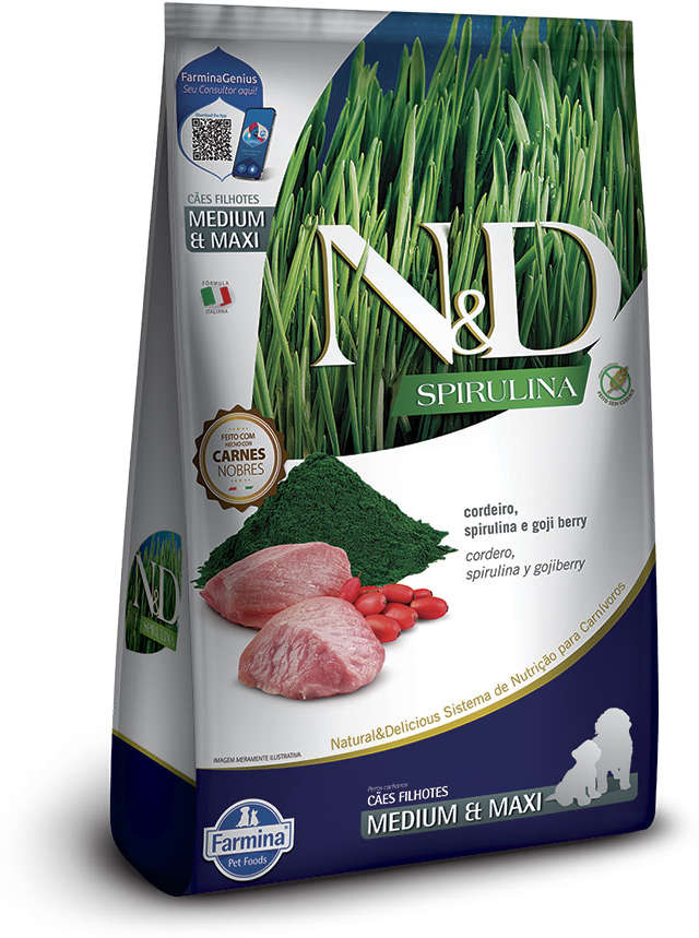 Ração Seca N&D Spirulina Cordeiro e Goji Berry para Cães Filhotes de Raças Médias e Grandes - 10,1Kg