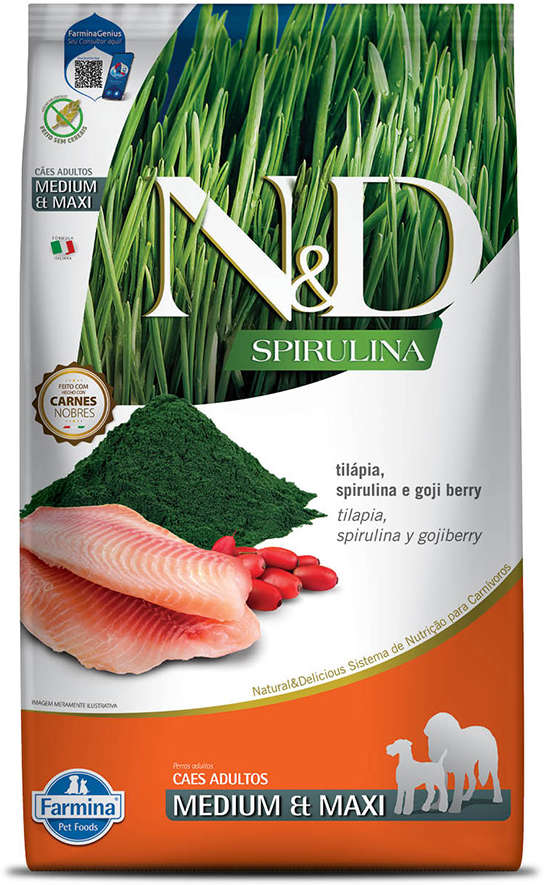 Ração Seca N&D Spirulina Tilápia e Goji Berry para Cães Adultos de Raças Médias e Grandes - 10,1Kg