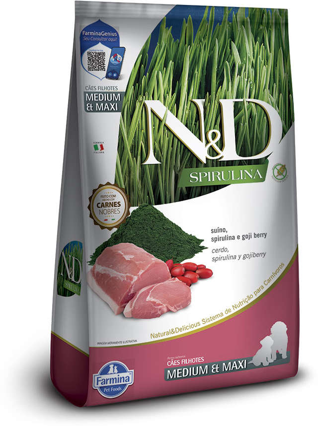 Ração Seca N&D Spirulina Suínos e Goji Berry para Cães Filhotes de Raças Médias e Grandes - 10,1Kg