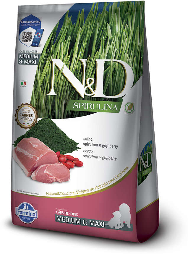 Ração Seca N&D Spirulina Suínos e Goji Berry para Cães Filhotes de Raças Médias e Grandes - 10,1Kg