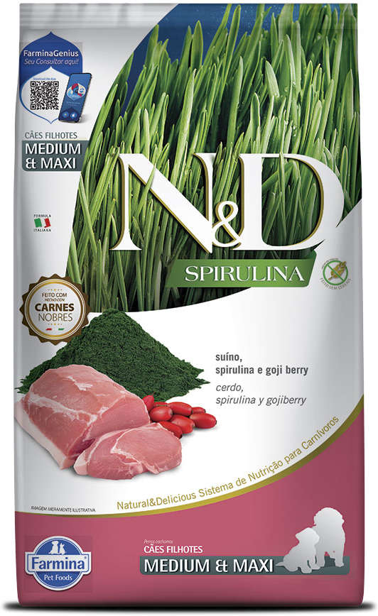 Ração Seca N&D Spirulina Suínos e Goji Berry para Cães Filhotes de Raças Médias e Grandes - 10,1Kg