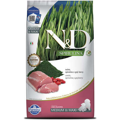 Ração Seca N&D Spirulina Suínos e Goji Berry para Cães Filhotes de Raças Médias e Grandes