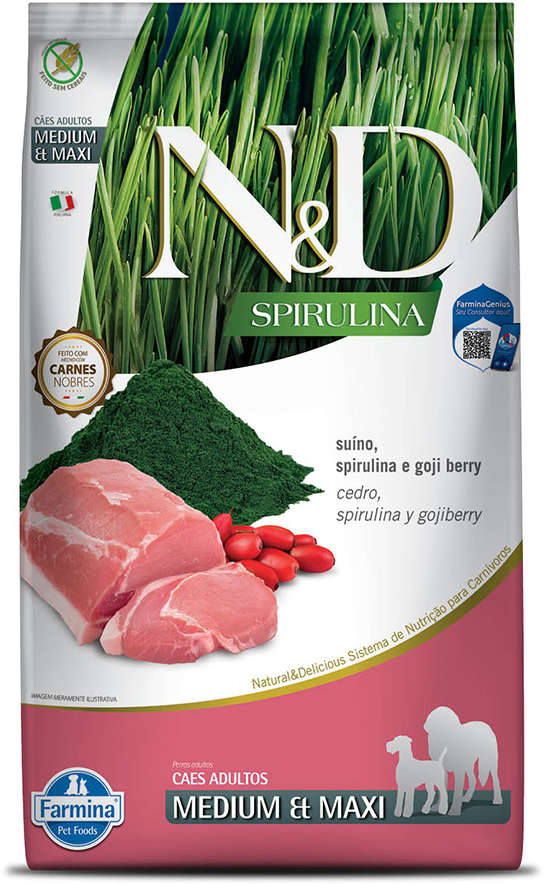 Ração Seca N&D Spirulina Suíno e Goji Berry para Cães Adultos de Raças Médias e Grandes - 10,1Kg
