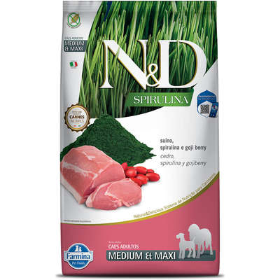 Ração Seca N&D Spirulina Suíno e Goji Berry para Cães Adultos de Raças Médias e Grandes
