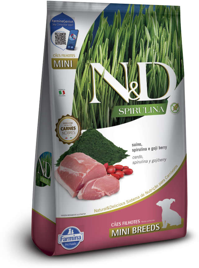 Ração Seca N&D Spirulina Suíno e Goji Berry para Cães Filhotes de Raças Minis - 2Kg