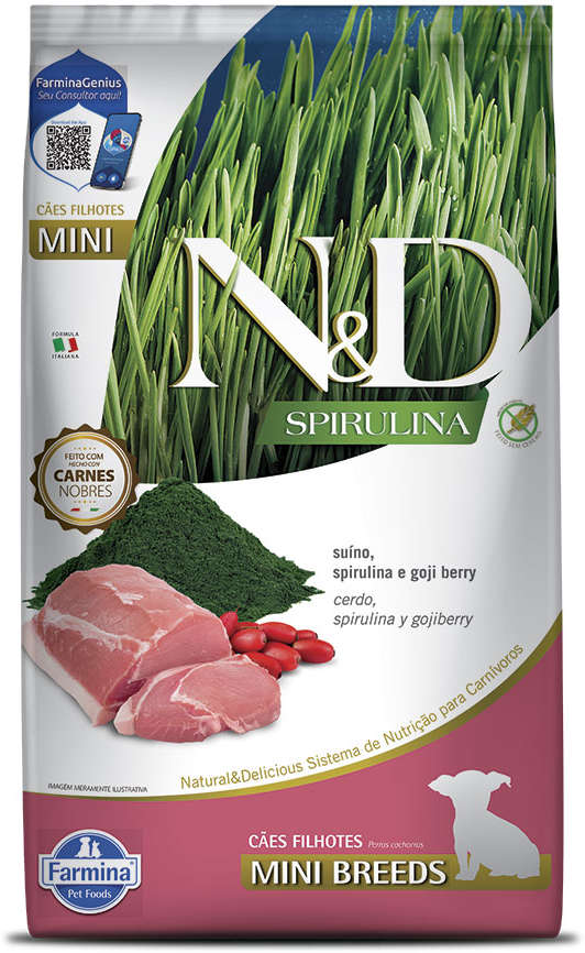 Ração Seca N&D Spirulina Suíno e Goji Berry para Cães Filhotes de Raças Minis - 2Kg