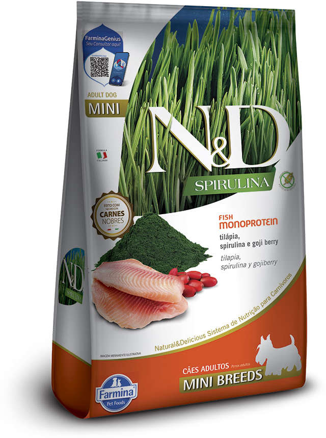 Ração Seca N&D Spirulina Tilápia e Goji Berry para Cães Adultos de Raças Minis - 7Kg