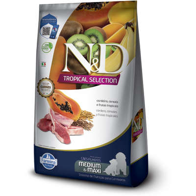 Ração Seca N&D Tropical Selection Cordeiro, Cereais e Frutas Tropicais para Cães Filhotes de Raças Médias e Grande