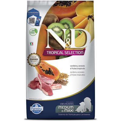 Ração Seca N&D Tropical Selection Cordeiro, Cereais e Frutas Tropicais para Cães Filhotes de Raças Médias e Grande