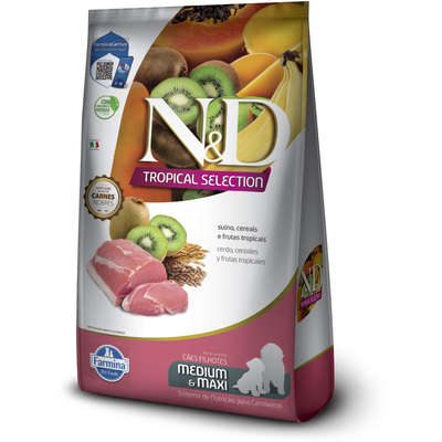 Ração Seca N&D Tropical Selection Suíno, Cereais e Frutas Tropicais para Cães Filhotes de Raças Médias e Grandes