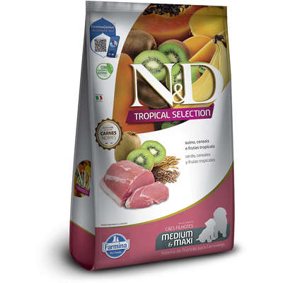 Ração Seca N&D Tropical Selection Suíno, Cereais e Frutas Tropicais para Cães Filhotes de Raças Médias e Grandes