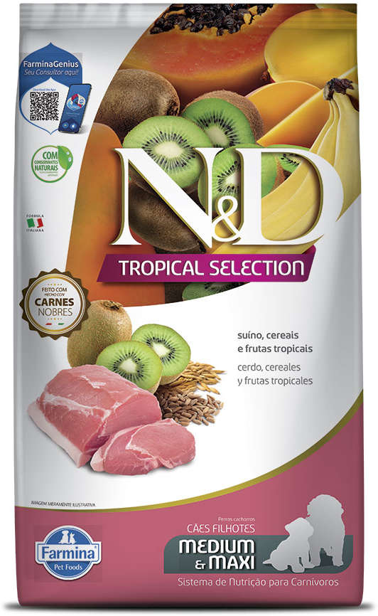 Ração Seca N&D Tropical Selection Suíno, Cereais e Frutas para Cães Filhotes Raças Médias e Grandes - 2Kg + 500 g
