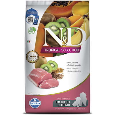 Ração Seca N&D Tropical Selection Suíno, Cereais e Frutas Tropicais para Cães Filhotes de Raças Médias e Grandes